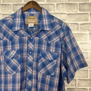 Wrangler RETRO Western Shirt SS Blue Metallic Plaid Pearl Snap Buttons Mens 2XL